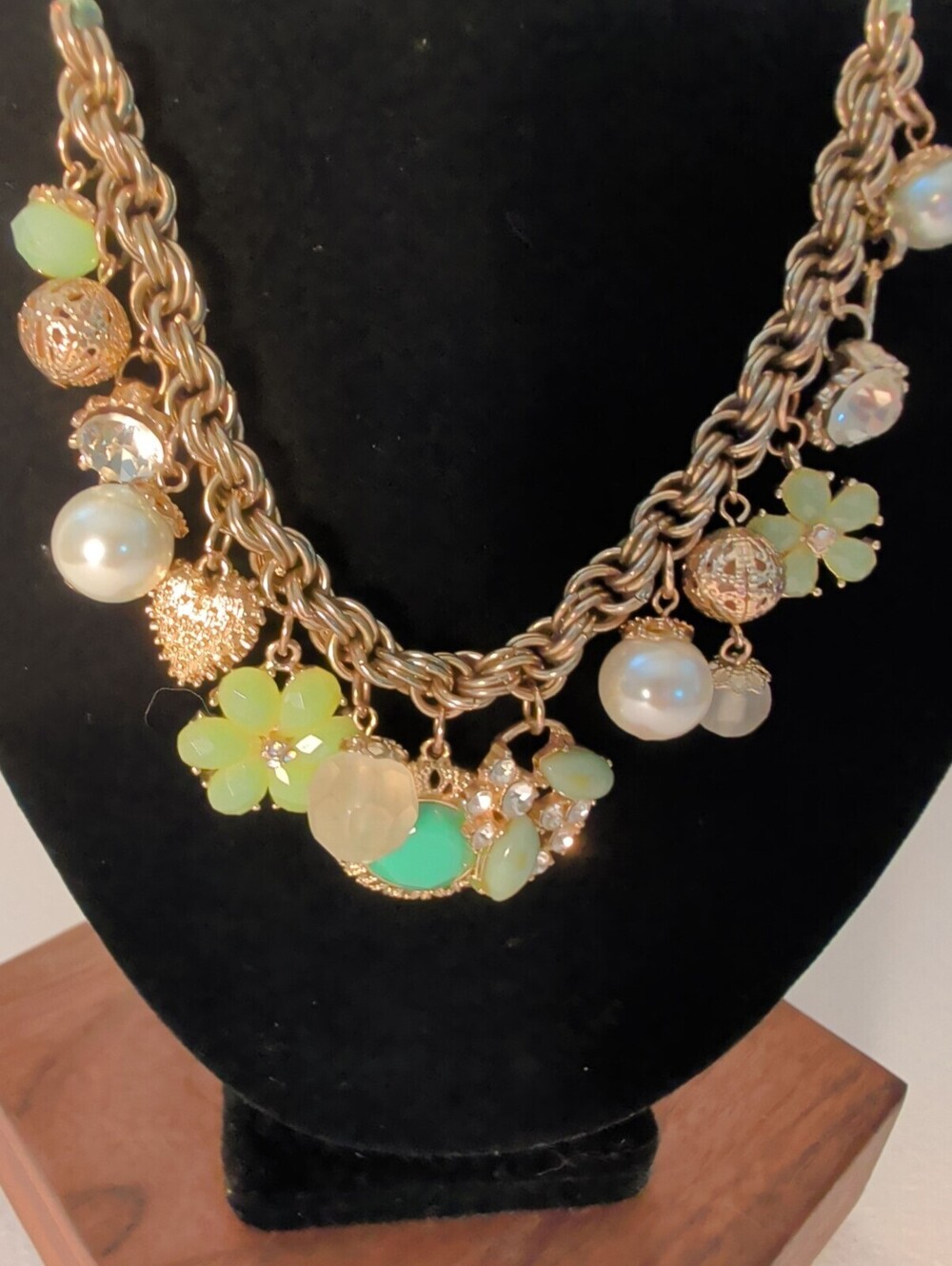 Vintage Style Sage Green Ribbon Multi-Charm Statement Necklace - Picture 2 of 3